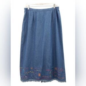 Vtg Napa Valley Midi Skirt Size 16 P Blue Chambray Aztec Embroidery Fringed Hem